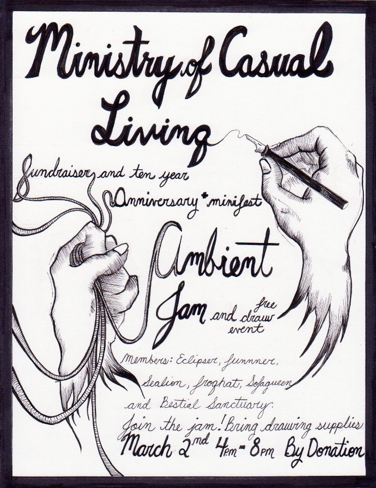 Ambient Jam & Draw for the Ministry of Casual Living: Eclipser, Funner, Sealion, Froghat & Sofa Queen, Bestial Sanctuary, You?, You?, You? @ Gallery 1580 Cook Street - Mar 02, 2012
