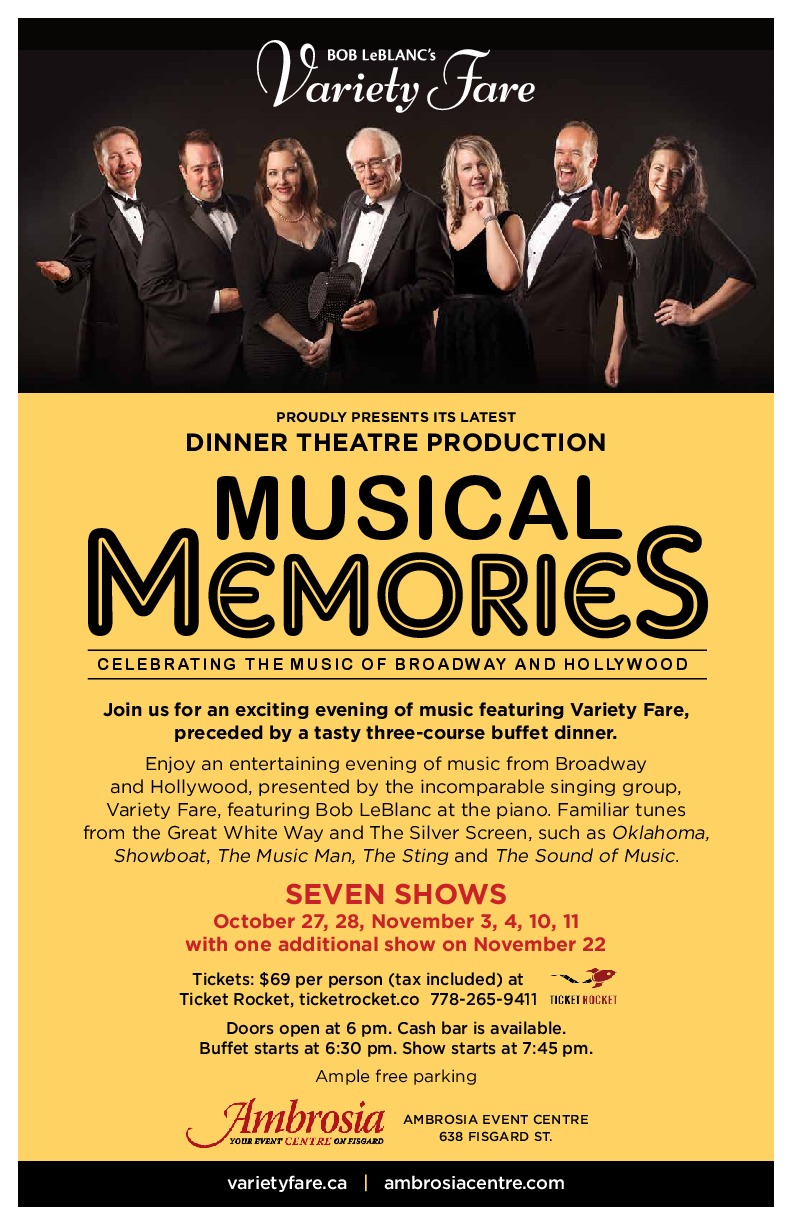 Musical Memories - Celebrating Broadway and Hollywood: Bob LeBlanc, Variety Fare @ Ambrosia Banquet & Events Nov 11 2017 - May 6th @ Ambrosia Banquet & Events