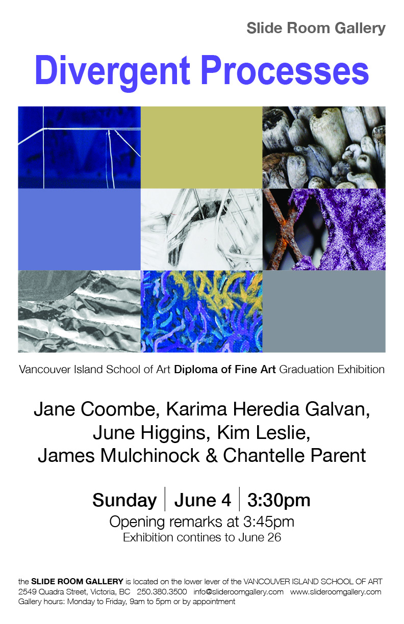 Divergent Processes: Jane Coombe, Karima Heredia Galvan, June Higgins,  Kim Leslie, James Mulchinock, Chantelle Parent @ Slide Room Gallery Jun 5 2017 - May 5th @ Slide Room Gallery