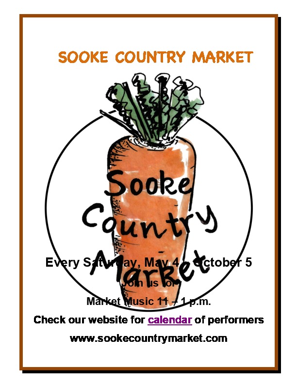 Sooke Country Market: Chickwagon May 4, Wherzpeter May 11, Robbie Hancock May 18, Terry Brennan May 25, Jennifer Taylor June 1, Beautiful Luck June 8, Willis Taylor June 15, Bob Nelson June 22, Pocketful of Dust June 29, Robbie Hancock July 6, Terry Brennan July 13, Ray Spencer July 20, Beautiful Luck July 27, Willis Taylor August 3, Janet McTavish August 10, Derrick Fedele August 17, Jennifer Taylor August 24, Chickwagon August 31, Janet McTavish September 7, Ray Spencer Sept 21, Beautiful Luck Sept 28 @ Otter Point Rd and Eustace Road Jun 8 2019 - May 1st @ Otter Point Rd and Eustace Road