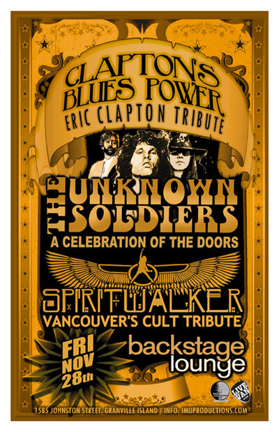 CLAPTON, DOORS & CULT TRIBUTES LIGHT UP THE NIGHT!: Clapton's Blues Power, The Unknown Soldiers, Spiritwalker @ Backstage Lounge Nov 28 2014 - May 6th @ Backstage Lounge