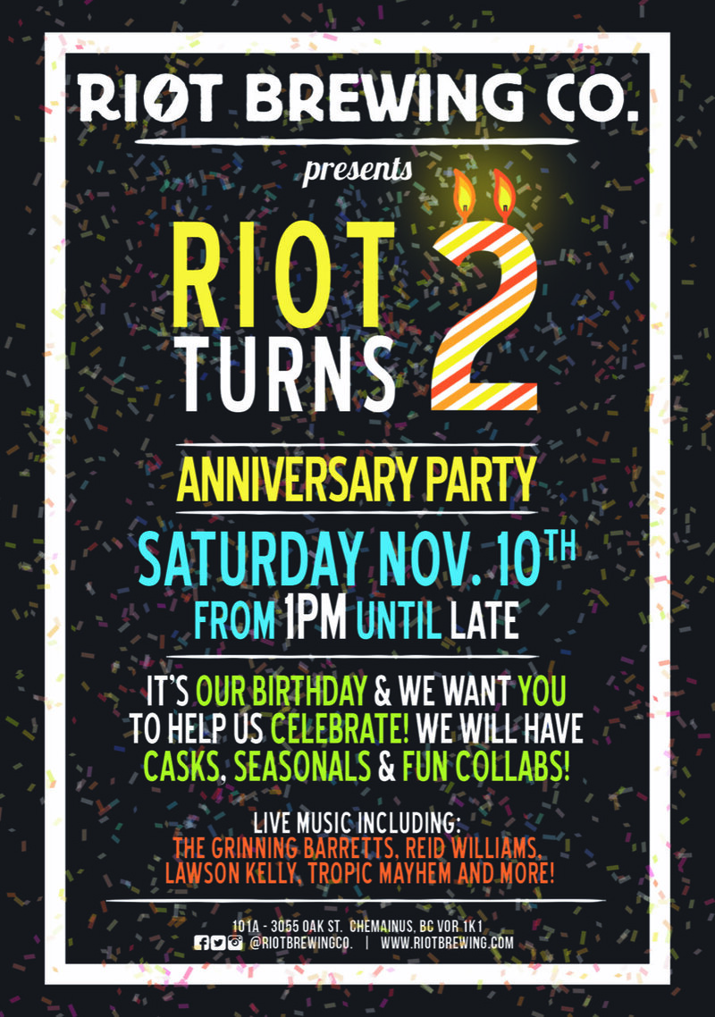 Riot Turns 2!!: The Grinning Barretts, Tropic Mayhem, Reid Williams, Lawson Kelly @ Riot Brewing Co. Nov 10 2018 - May 8th @ Riot Brewing Co.