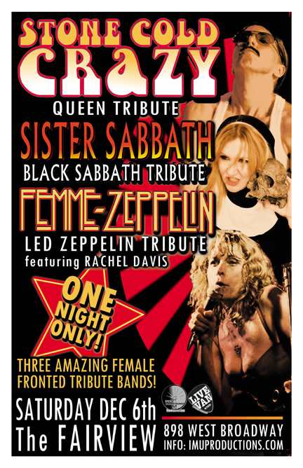 ONE NIGHT ONLY! QUEEN, SABBATH & ZEPPELIN TRIBUTES:: Stone Cold Crazy, Sister Sabbath, Femme Zeppelin @ Fairview Pub Dec 6 2014 - May 10th @ Fairview Pub