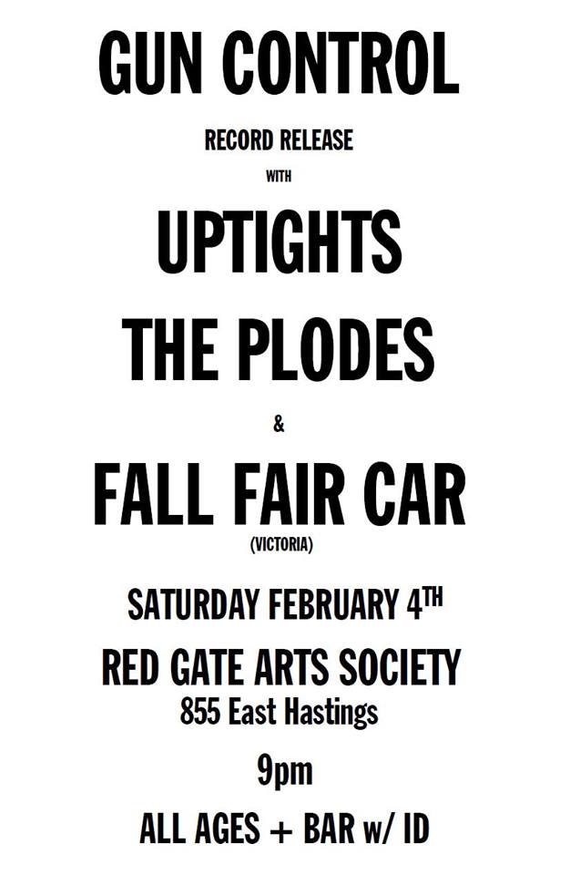 Volume 1 Release Show: Gun Control, The Plodes, Fall Fair Car, Uptights @ The Red Gate Feb 4 2017 - May 6th @ The Red Gate