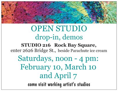 OPEN STUDIO - Studio 216: Lynda Lombardi, Susan Geddes, TC Davis, Jeff Maltby, Allan Toews @ Rock Bay Square 2626 Bridge St. Mar 10 2018 - May 16th @ Rock Bay Square 2626 Bridge St.