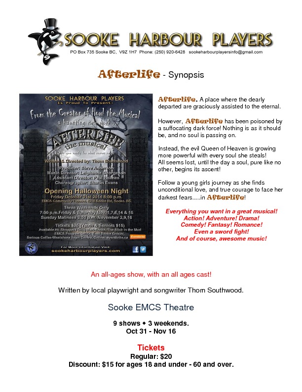 Afterlife the Musical: Sooke Harbour Players, Thom southwood @ Sooke Community Theatre Nov 16 2014 - May 6th @ Sooke Community Theatre