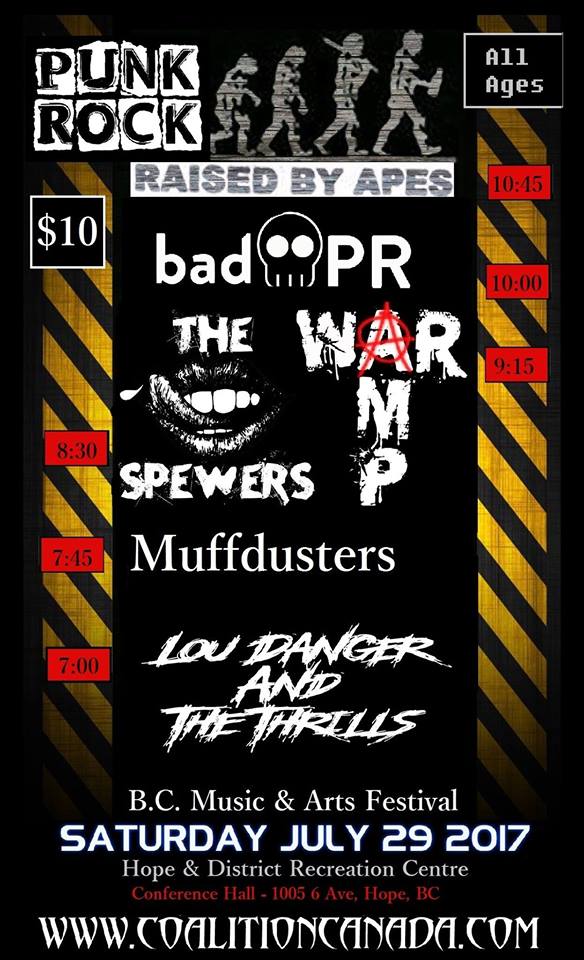 ALL AGES PUNK ROCK: Raised By Apes, Bad PR, War Amp , Spewers, Muffdusters, Lou Danger & The Thrills @ Hope Rec Center - Jul 29, 2017