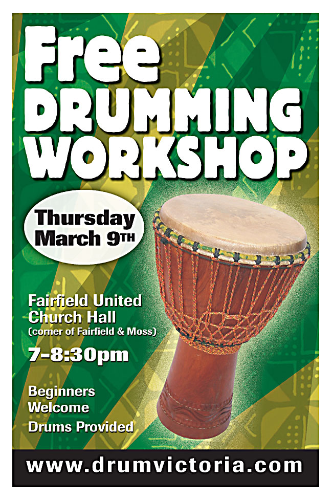 Free Drumming Workshop @ Fairfield United Church Hall (corner of Fairfield and Moss). Mar 9 2017 - Jun 15th @ Fairfield United Church Hall (corner of Fairfield and Moss).
