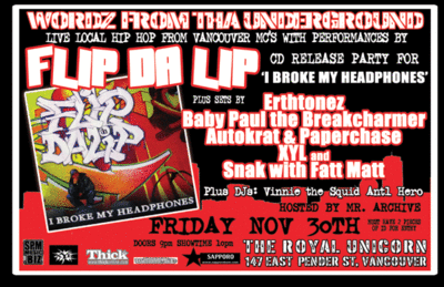 WORDZ FROM THA UNDERGROUND: Flip Da Lip, Erthtonez, Baby Paul The Breakcharmer, Autocrat &Paperchase, XYL, Snak w/ Fatt Matt @ Royal Unicorn Cabaret Nov 30 2007 - May 7th @ Royal Unicorn Cabaret