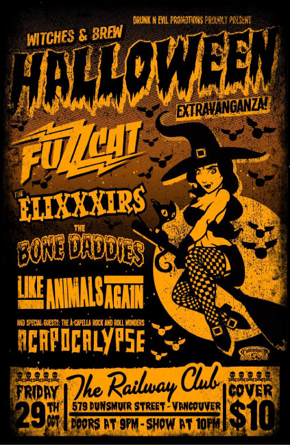 Witches and Brew Halloween Extravaganza!!!: The EliXXXirs, Fuzzcat, Bone Daddies, Like Animals Again,  ACAPOCOLYPSE @ Railway Club Oct 29 2010 - May 6th @ Railway Club