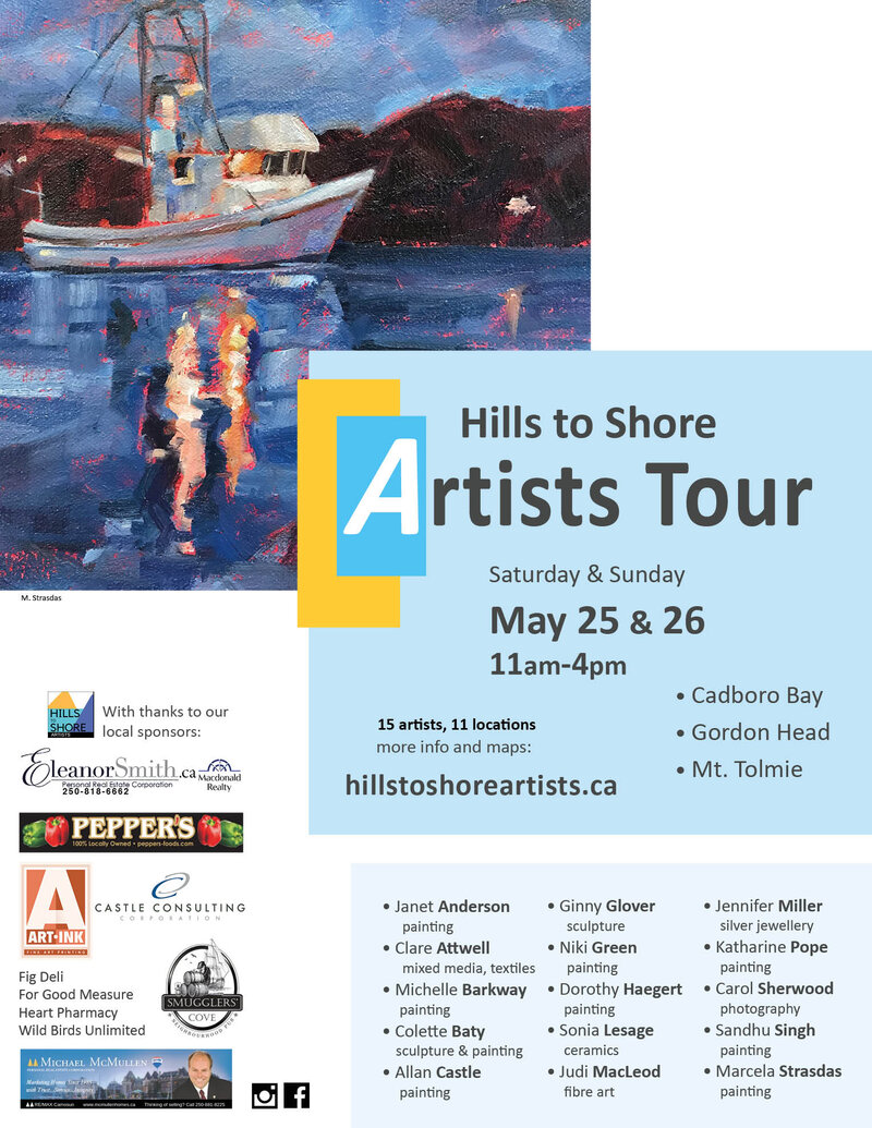 Hills to Shore Artists Studio Tour: Janet Anderson, Clare Attwell, Michelle Barkway, Colette Baty, Allan Castle, Ginny Glover, Niki Green, Dorothy Haegert, Sonia Lesage, Judi MacLeod, Jennifer Miller , Katharine Pope, Carol Sherwood , Sandhu Singh, Marcela Strasdas @ various locations May 26 2019 - May 5th @ various locations
