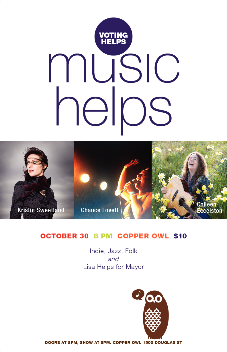 Music Helps: Kristin Sweetland Band, Chance Lovett, colleen eccleston @ Copper Owl Oct 30 2014 - May 13th @ Copper Owl