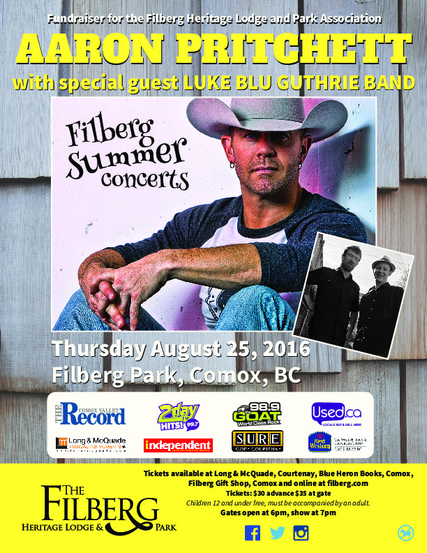Filberg Summer Concerts:: Aaron Pritchett, Luke Blu Guthrie Band @ Filberg Park - Aug 25, 2016
