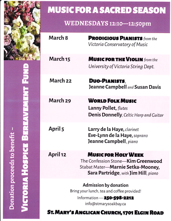 Music for a Sacred Season - Holy Week: Kim Greenwood @ St. Mary's Anglican Church Apr 12 2017 - Jun 10th @ St. Mary's Anglican Church
