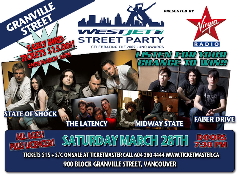 WestJet Street Party: State Of Shock, Faber Drive, The Midway State, The Latency @ Vancouver Radio Stage: Granville and Smithe - Mar 28, 2009