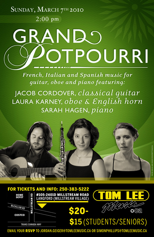 Afternoon of Spanish, French and Italian Music for Classical Guitar, Piano and Oboe/English horn: International Guitar Trio, Sarah Hagen, Jacob Cordover, Laura Karney @ Tom Lee Music Langford Mar 7 2010 - May 10th @ Tom Lee Music Langford