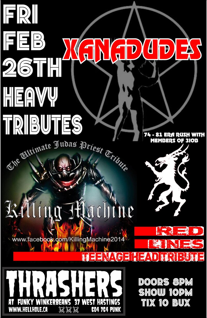 HEAVY TRIBUTES~~: Xanadudes  , Killing Machine (JUDAS PRIEST), Red Lines @ Funky Winker Beans Feb 26 2016 - May 6th @ Funky Winker Beans