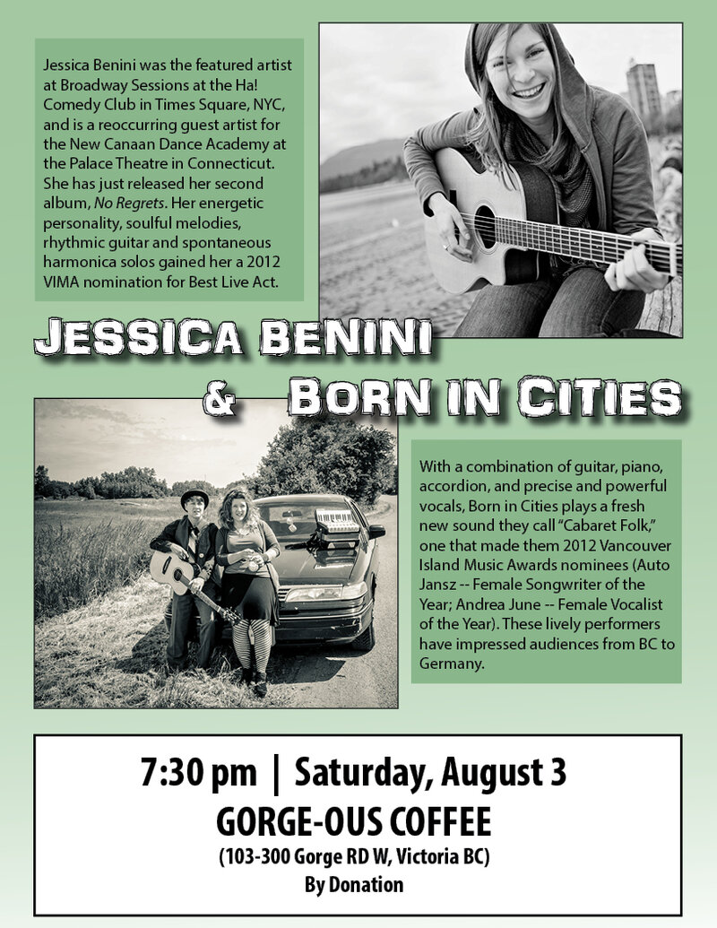 VIMA nominees team up for an evening of original music and suprising covers!: Jessica Benini, Born in Cities @ Gorge-ous Coffee Aug 3 2013 - May 1st @ Gorge-ous Coffee