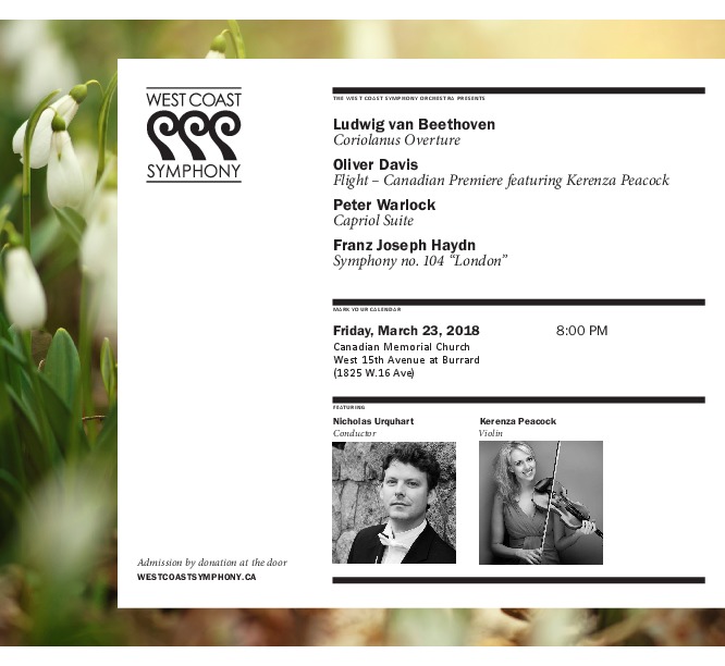 Flight: The West Coast Symphony, Kerenza Peacock  (Violin), Nicholas Urquhart (conductor) @ Canadian Memorial United Church Mar 23 2018 - May 10th @ Canadian Memorial United Church
