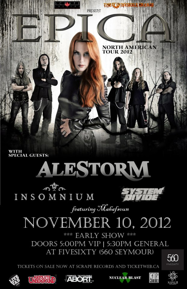 Epica, Alestorm, Insomnium @ FIVESIXTY Nov 10 2012 - May 16th @ FIVESIXTY
