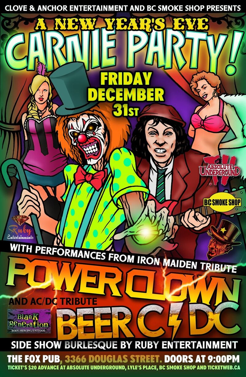 New Years Eve Carnival Party: Power Clown, BEERC / DC, Burlesque by Ruby Entertainment @ The Fox Pub Showroom Pub Dec 31 2010 - May 6th @ The Fox Pub Showroom Pub
