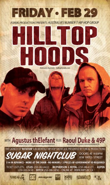 'Rotation' A new Bi monthly Hip-Hop night in Victoria..first show features Austrailia's biggest group.: Hilltop Hoods, Agustus ThElefant, Raoul Duke @ Capital Ballroom Feb 29 2008 - May 6th @ Capital Ballroom