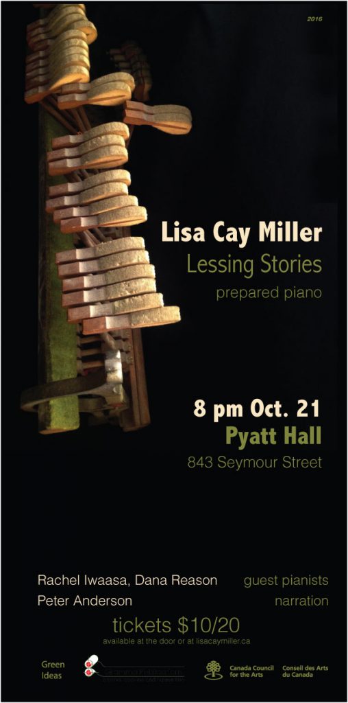 Lisa Cay Miller Lessing Stories: Rachel Kiyo Iwaasa, Dana Reason, Peter Anderson @ VSO School of Music (Pyatt Hall) Oct 21 2016 - May 7th @ VSO School of Music (Pyatt Hall)