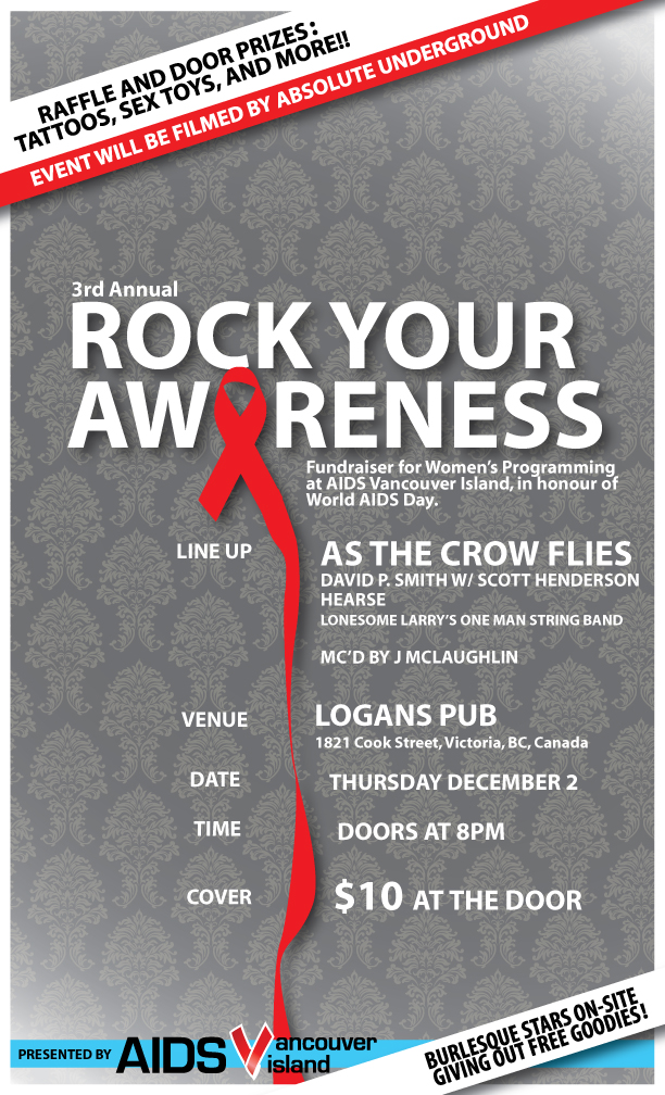 3rd Annual Rock Your Awareness Fundraiser: As The Crow Flies, David P. Smith (with), Scott Henderson, Hearse, Lonesome Larry's One Man String Band @ Logan's Pub Dec 2 2010 - May 5th @ Logan's Pub