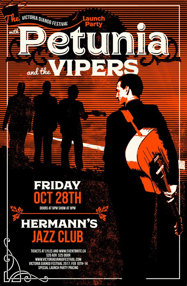 Django Festival Launch Party: Petunia and the Vipers @ Hermann's Jazz Club Oct 28 2016 - May 6th @ Hermann's Jazz Club