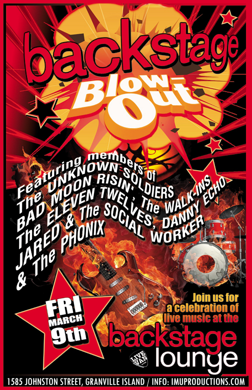 BACKSTAGE BLOW-OUT Tribute To The Backstage Lounge: The Unknown Soldiers, The Eleven Twelves, Danny Echo, The Walk-Ins, The Phonix, Jared and the Social Worker, Bad Moon Risin' @ Backstage Lounge Mar 9 2018 - May 8th @ Backstage Lounge