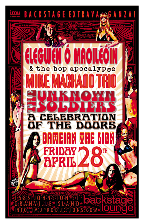 BACKSTAGE EXTRAVAGANZA!: Elegwen o' Maoileoin & the Bop Apocalypse, Mike Machado Trio, The Unknown Soldiers,  Dameian the Lion @ Backstage Lounge Apr 28 2017 - May 6th @ Backstage Lounge
