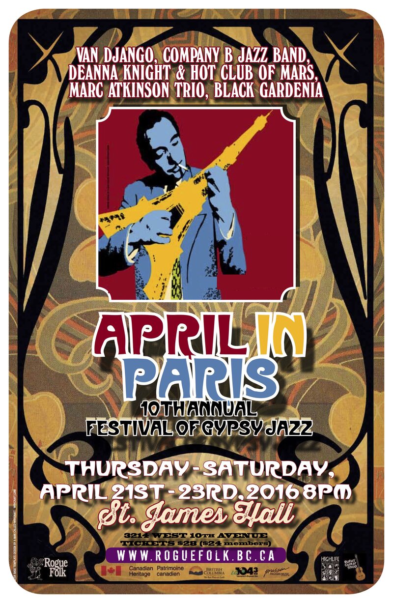 April in Paris:  10th Annual Gypsy Jazz Festival: Deanna Knight, Hot Club of Mars @ St. James Community Hall Apr 22 2016 - Apr 30th @ St. James Community Hall