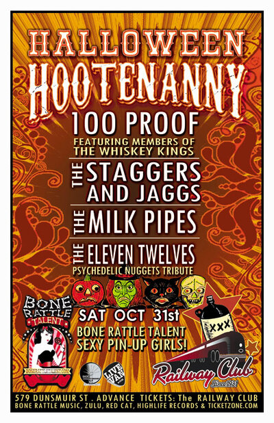 HALLOWEEN HOOTENANNY!: 100 PROOF, Staggers & Jaggs, Milk Pipes, The Eleven Twelves @ Railway Club Oct 31 2015 - May 8th @ Railway Club