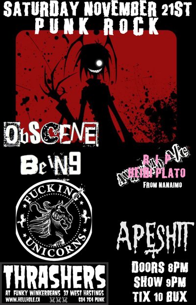 Obscene Being, Fucking Unicorns, Apeshit @ Funky Winker Beans Nov 21 2015 - May 7th @ Funky Winker Beans