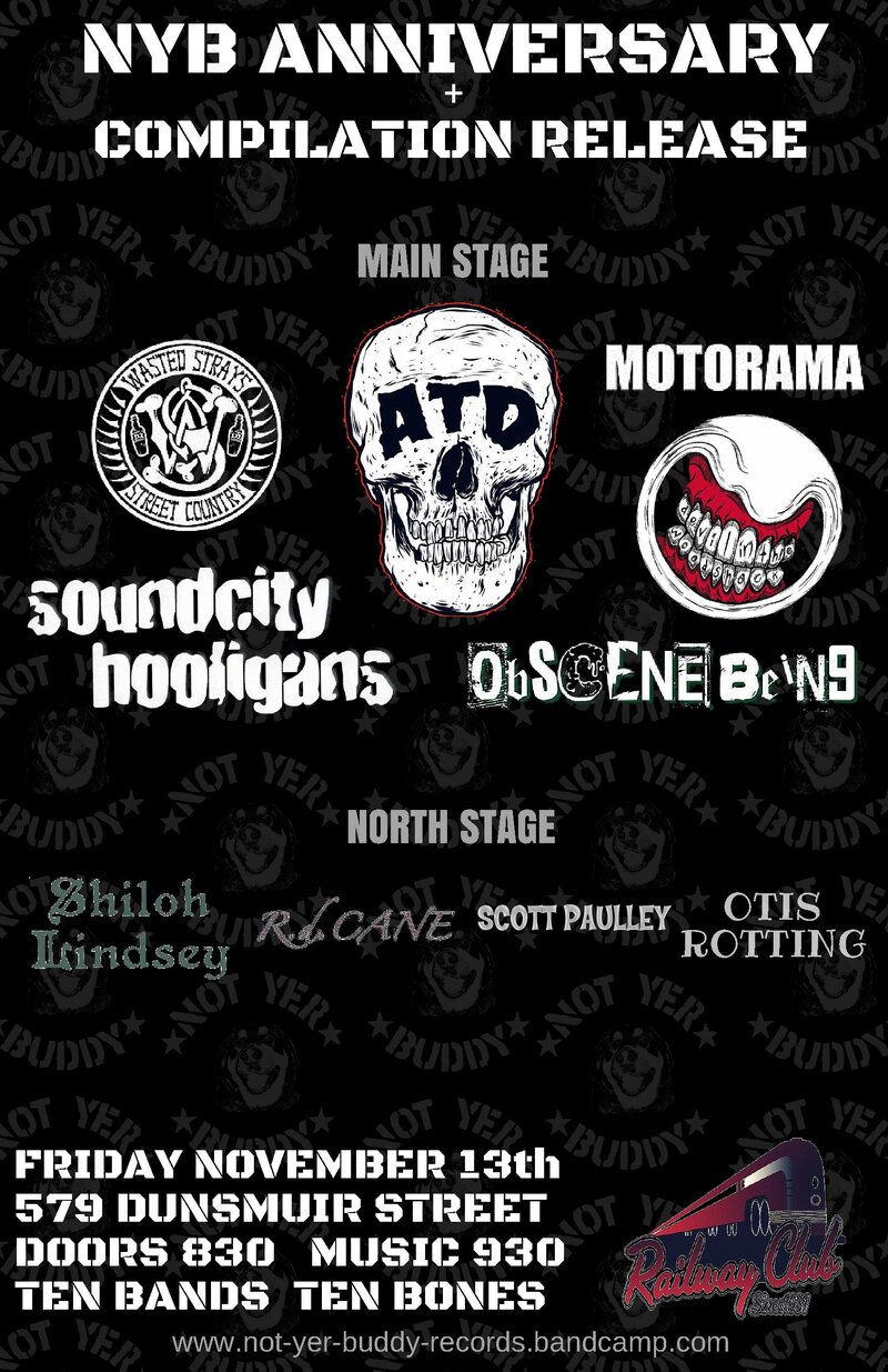 NYB Anniversary + Compilation Release: SoundCity Hooligans, Wasted Strays, Motorama, Obscene Being, Devil in the Woodshack, ATD, Shiloh Lindsey, RD Cane, Scott Paulley, Otis Rotting @ Railway Club Nov 13 2015 - May 10th @ Railway Club