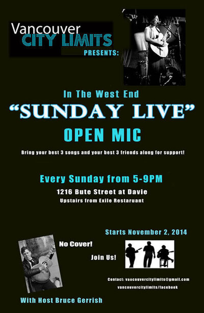 "Sunday Live" Open Mic: Bruce Gerrish  (host) @ 1216 Bute Street Nov 2 2014 - May 6th @ 1216 Bute Street