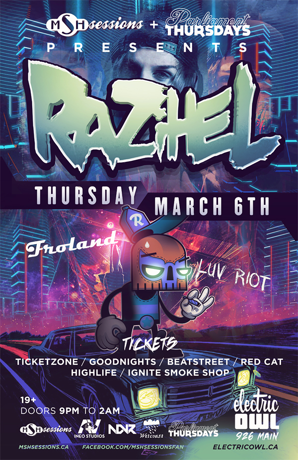 RAZIHEL: RAZIHEL, Froland, Luv Riot, Matt Iller @ Electric Owl Mar 6 2014 - Jun 9th @ Electric Owl