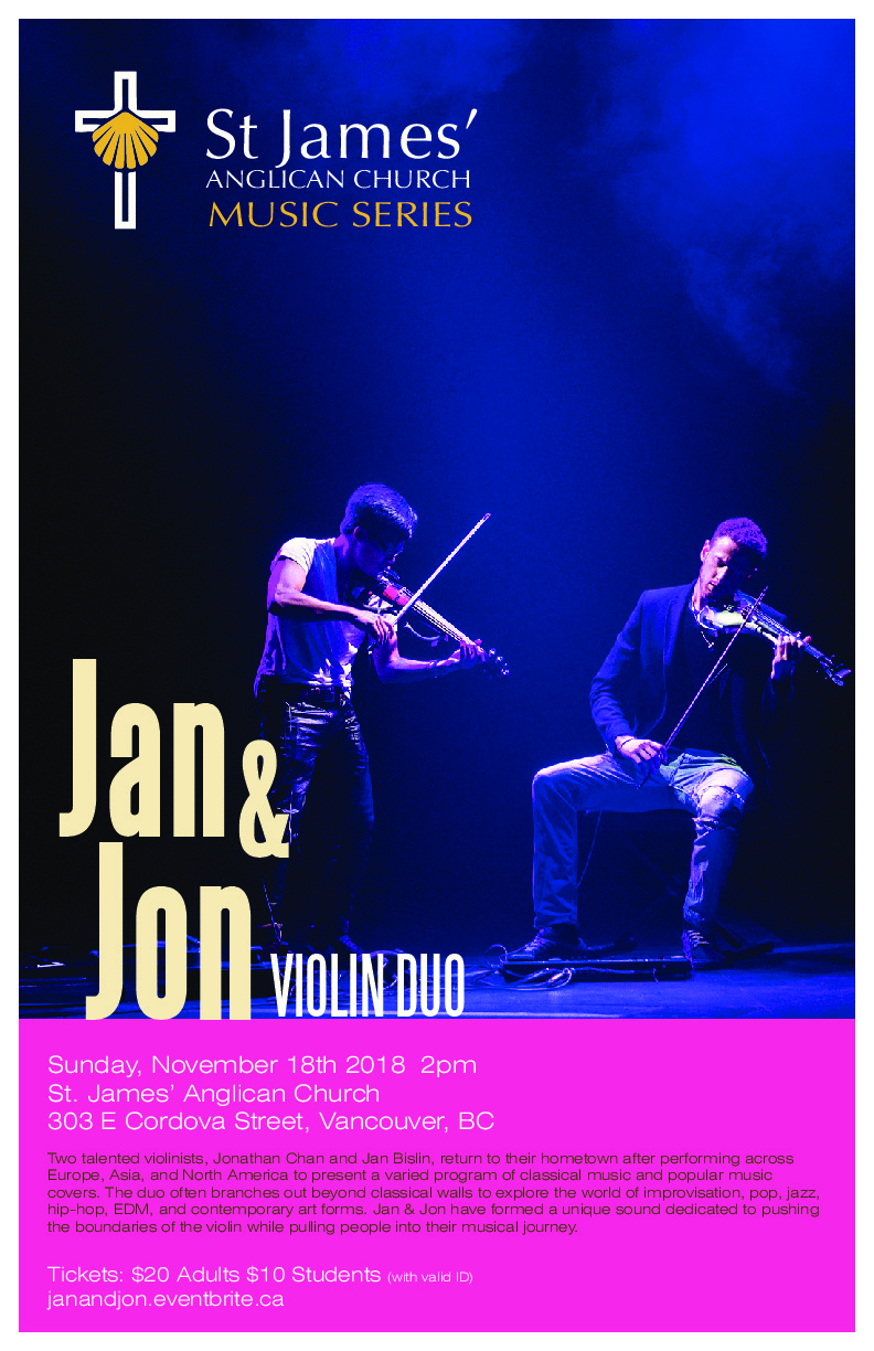 Jan & Jon Violin Duo: Jonathan Chan, Jan Bislin @ St James' Church Nov 18 2018 - May 1st @ St James' Church