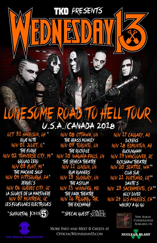 Wednesday 13 with guests: Wednesday 13, 2 Shadows, ROAD RASH @ Rickshaw Theatre Nov 19 2018 - May 6th @ Rickshaw Theatre