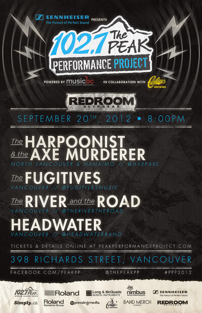 SIMPLY.CA PRESENTS   100.5 THE PEAK PERFORMANCE PROJECT NIGHT #2  Powered by Music BC in Collaboration with Cariboo Brewing  Featuring: Harpoonist & the Axe Murderer, The Fugitives, The River and The Road, Headwater  @ The Red Room Sep 20 2012 - May 7th @ The Red Room