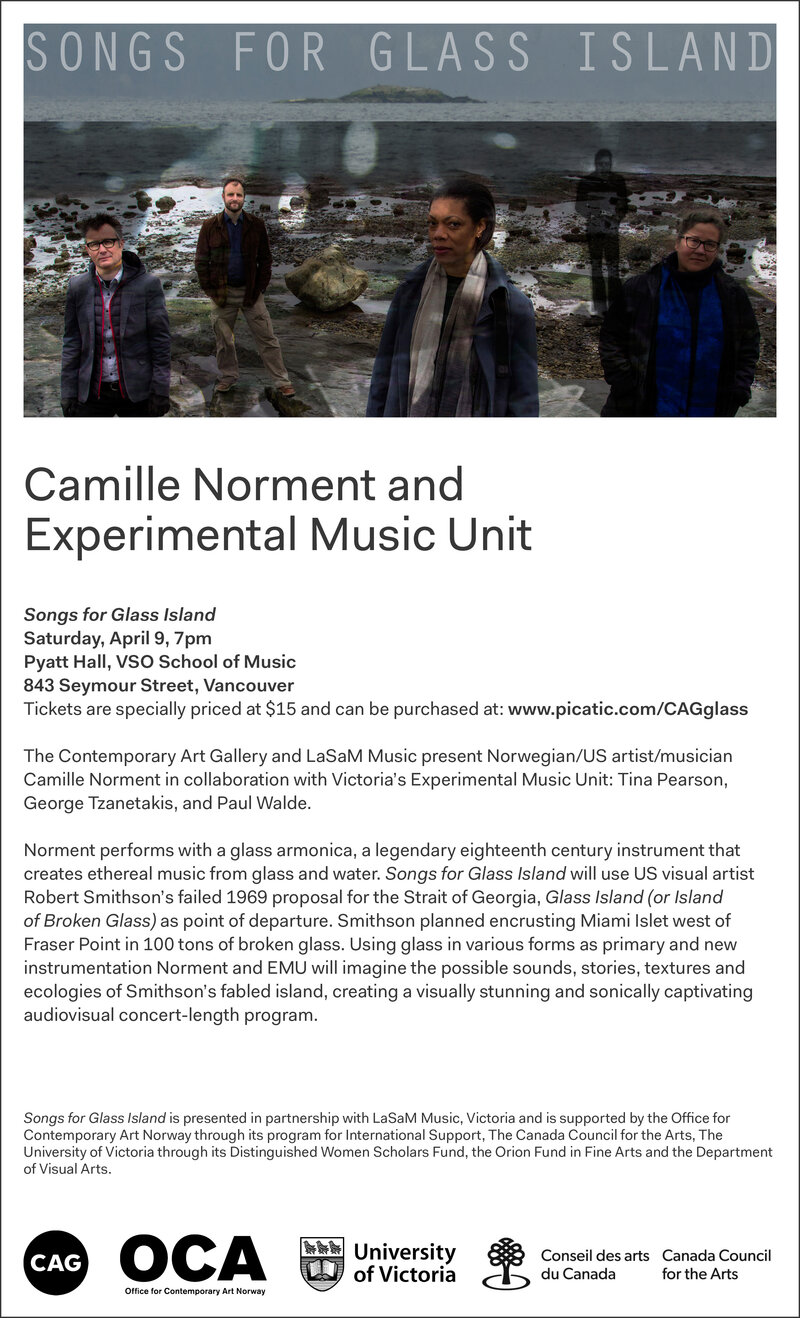 Songs for Glass Island: Camille Norment, Experimental Music Unit, Tina Pearson, George Tzanetakis, Paul Walde @ VSO School of Music (Pyatt Hall) Apr 9 2016 - May 16th @ VSO School of Music (Pyatt Hall)