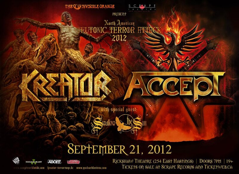 Kreator, ACCEPT, Swallow The Sun @ Rickshaw Theatre Sep 21 2012 - May 7th @ Rickshaw Theatre