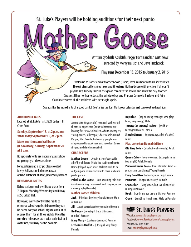 Auditions Mother Goose A Panto: N/A @ St. Luke's Players Sep 13 2015 - May 1st @ St. Luke's Players