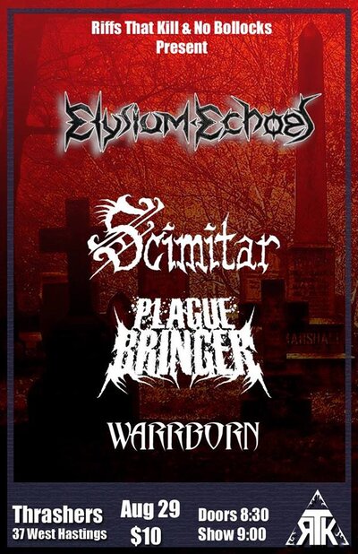 Elysium Echoes, Scimitar, PLAGUEBRINGER, Warrborn @ Funky Winker Beans Aug 29 2014 - May 9th @ Funky Winker Beans