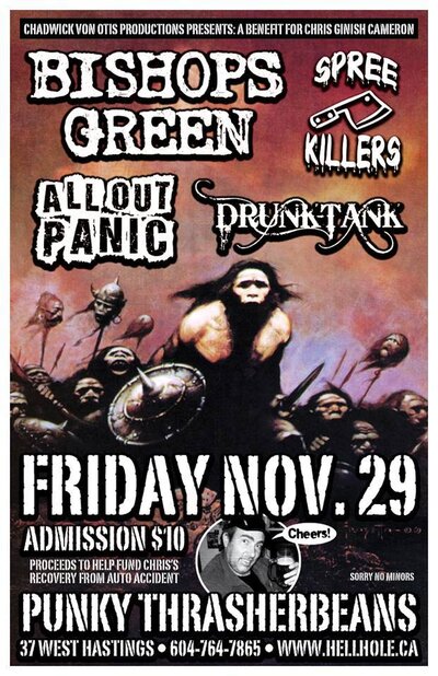 FUNDRAISER FOR CHRIS GINISH CAMERON ~~: Bishops Green, Spree Killers , ALL OUT PANIC, DRUNK-TANK @ Funky Winker Beans Nov 29 2013 - May 6th @ Funky Winker Beans