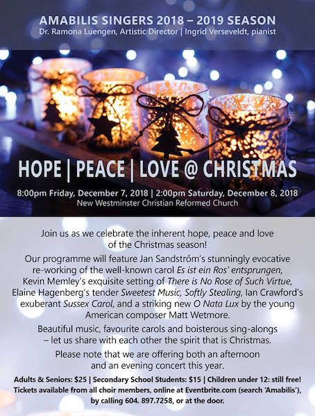 Peace | Love | Hope @ Christmas: Amabilis Singers @ New Westminster Christian Reformed Church Dec 7 2018 - May 10th @ New Westminster Christian Reformed Church