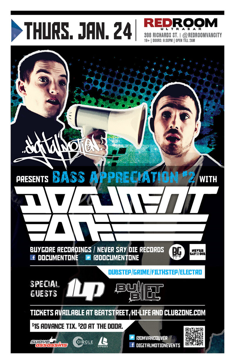 Digital Motion is proud to present you with our first of many bass heavy throw-downs of 2013 with hit UK producers: DOCUMENT ONE , 1uP DUBSTEP, Bullet Bill  @ The Red Room Jan 24 2013 - Jun 20th @ The Red Room