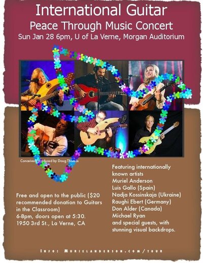 Intl. Guitar Peace Through Music Connect: Muriel Anderson, Don Alder, Luis Gallo, Raughi Ebert, Michael Ryan, Nadja Kossinskaja @ Morgan Auditorium Jan 28 2018 - Jun 5th @ Morgan Auditorium