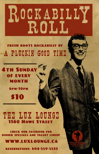 Rockabilly Roll: A Pluckin' Good Time, dance lessons by Port-O-Swing Vancouver @ Lux Lounge, 1180 Howe Street May 24 2015 - Jun 7th @ Lux Lounge, 1180 Howe Street