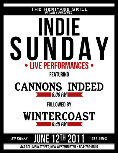 Wintercoast, Cannons Indeed @ The Heritage Grill Jul 10 2011 - May 6th @ The Heritage Grill